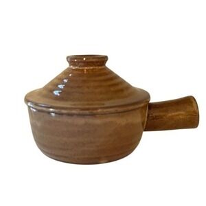 Vtg Brown Stoneware Onion Soup Crock Bowl w/ Vented Lid Handle Retro Ceramic